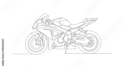 Detailed line art illustration of a modern sport motorcycle, showcasing its sleek design and powerful silhouette against a white background.