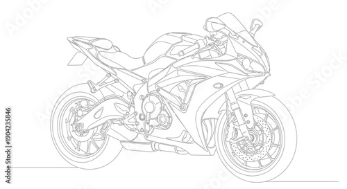 Detailed line art drawing of a high-performance sport motorcycle, showcasing its intricate design and powerful silhouette.