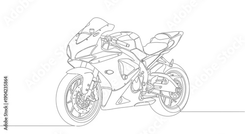 Detailed line art drawing of a modern sport motorcycle on a white background, showcasing its sleek design and powerful form.