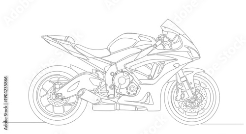 Line art drawing of a modern sport motorcycle in profile view, showcasing its sleek design and mechanical details.