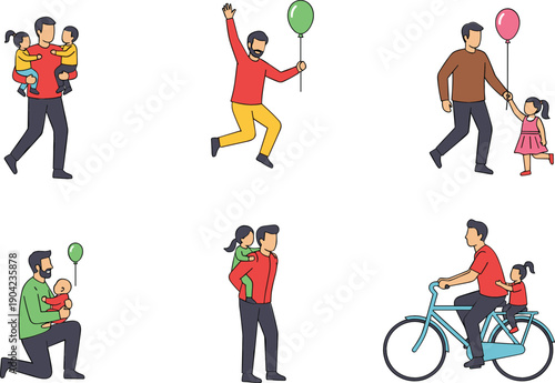 Happy Family and Fatherhood Vector Illustration Set with Dad and Kids Playing, Walking, Cycling, Carrying Children, and Parenting Lifestyle Scenes