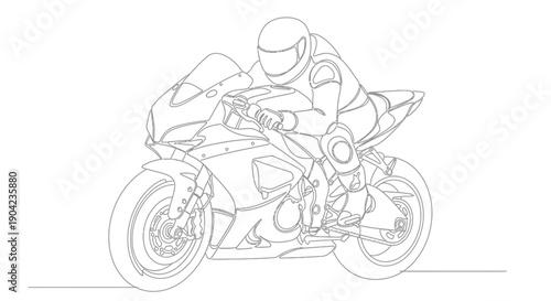 Continuous line drawing of a professional motorcycle racer on a sport bike, leaning into a turn with speed and precision.
