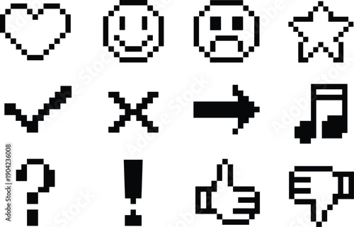 Retro pixel art icons set, emotive symbols, hearts, stars, arrows, check marks, thumbs up, thumbs down, question, exclamation