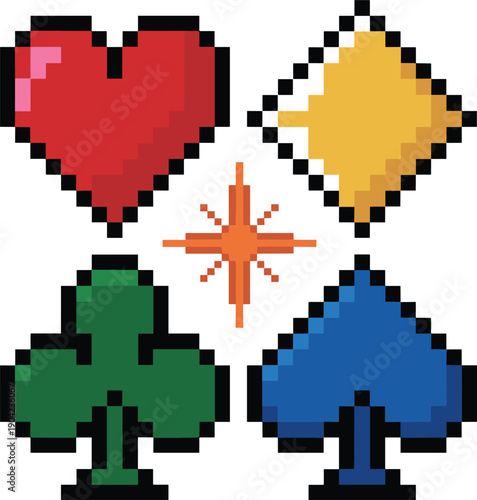 Retro pixel art playing card suits set, heart, diamond, club, spade, colorful starburst, casino icons, poker, gaming symbols