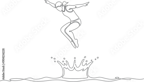 Minimalist continuous line drawing depicts a female swimmer executing a perfect dive entry creating a large splash into the water below