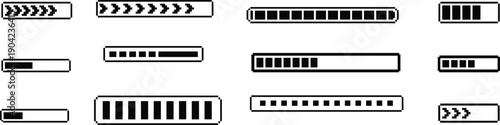 Retro pixel art progress bars set, loading indicators, segmented blocks, arrows, UI elements, monochrome design, digital interface graphics