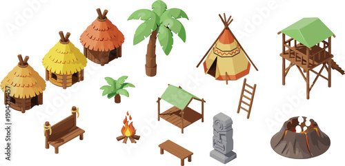 Isometric Tribal Village Assets Vector Set with Huts, Teepee Tent, Watchtower, Campfire, Furniture, Palm Trees, and Ancient Settlement Elements