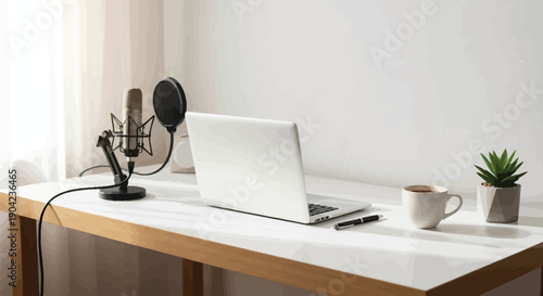 Professional podcasting setup featuring a condenser microphone laptop and coffee cup on a clean white desk bathed in natural light