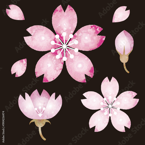 レトロで可愛い桜の飾り　アイコン　水彩　テクスチャ　和風　和紙　花　デザイン　イラスト素材セット