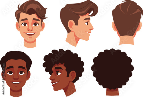 Male Character Head and Face Turnaround Vector Set with Front, Side, and Back Views, Different Hairstyles, Expressions, and Ethnic Diversity