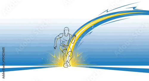 Stylized line art depiction of an athlete powerfully driving forward mid-stride creating dynamic motion with vibrant blue and yellow speed streaks