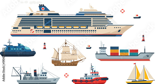 Maritime Ships and Boats Vector Illustration Set with Cruise Liner, Cargo Vessel, Sailboat, Tugboat, Warship, and Sea Transportation Icons