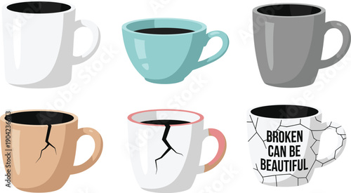 Vector illustration of coffee mugs intact and cracked, broken cup designs, imperfection concept, inspirational message, beauty in flaws, kitchen artwork