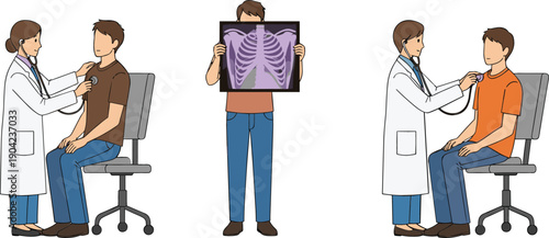 Medical Examination and Healthcare Consultation Vector Illustration Set with Doctor Checking Patient, Chest X Ray Display, and Clinical Diagnosis Scene