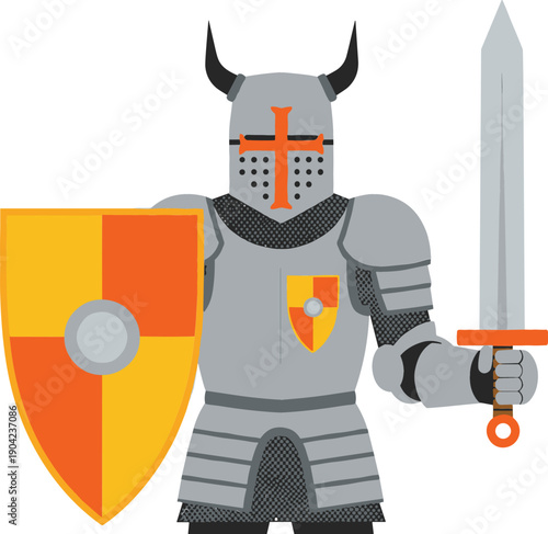 Medieval Knight Warrior Vector Illustration with Armor, Sword, Shield, and Helmet for History, Fantasy, Game, and Battle Design Concepts