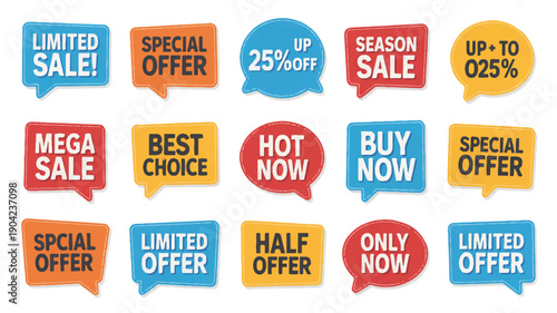 A creative illustration set featuring various sale banners and promotional labels displayed together