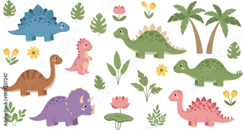 Cartoon dinosaur illustration set featuring Stegosaurus, Triceratops, Sauropod, and Theropod with tropical plants, palm trees, and flowers in colorful children’s vector artwork.