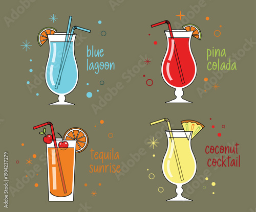 Cocktail illustration set featuring Blue Lagoon, Pina Colada, Tequila Sunrise, and Coconut Cocktail with fruit garnishes and straws for tropical vector artwork.