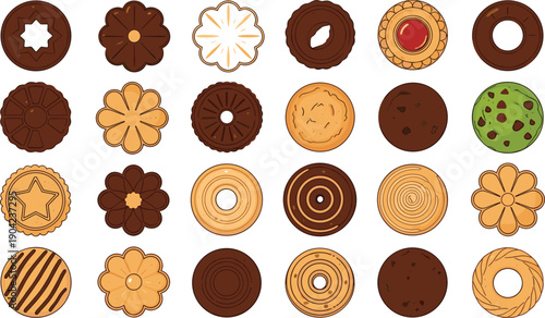 Cookie illustration set featuring 25 unique designs in grid layout, including chocolate chip, jam-filled, iced, and patterned cookies for dessert or bakery-themed vector artwork.