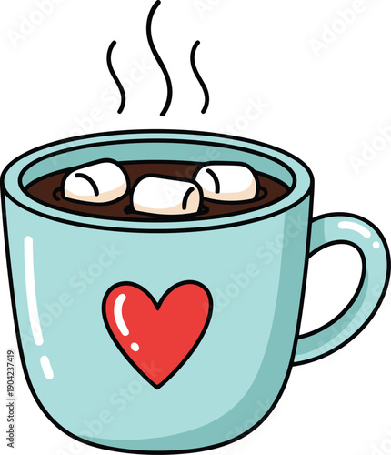 Hot chocolate illustration in light blue mug with marshmallows and steam, featuring red heart design, perfect for winter, cozy, or holiday vector artwork.