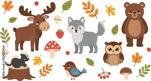 Playful forest animal illustration featuring moose, wolf, bear, owl, skunk, and bird with autumn leaves, mushrooms, and berries in cartoon vector style.