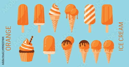 Orange ice cream treat illustration set featuring popsicles, cones, soft serve, and cupcake designs against light blue background for dessert, summer, or food-themed vector artwork.
