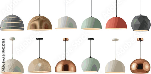 Modern Pendant Lamp Collection Vector Illustration Featuring Hanging Ceiling Lights, Contemporary Interior Lighting Fixtures, and Stylish Home Decor Design Elements
