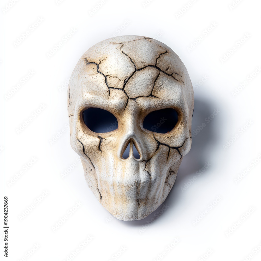 Obraz premium Eerie skeleton mask with cracks creepy shadows halloween decoration studio setting close-up view spooky concept