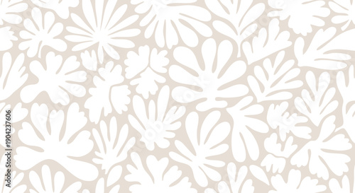 Seamless soft neutral botanical floral pattern with minimal hand drawn leaves and flowers in an elegant modern style