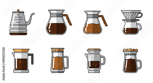 A collection of various coffee brewing equipment and carafes, showcasing different methods for preparing delicious hot beverages.