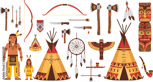 Native American Tribal Culture Vector Illustration Set with Teepees, Totem Poles, Dreamcatchers, Traditional Weapons, Clothing, and Ethnic Decorative Symbols