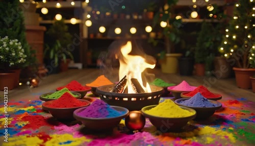 Holika Dahan Festive Scene with Bonfire and Holi Powders in Clay Bowls and Marigold Decorations