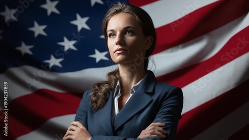 Patriotic Portrait: A determined individual with crossed arms stands confidently before a waving flag, embodying patriotism and national pride. Capturing a sense of national unity, loyalty.