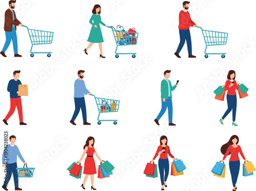People Shopping Characters Set with Carts, Bags, and Groceries, Flat Vector Illustration Collection for Retail, Supermarket, and Consumer Lifestyle Concepts