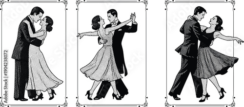 Vintage halftone vector illustration of three romantic couples dancing ballroom steps in suits and dresses with decorative frames isolated on white background