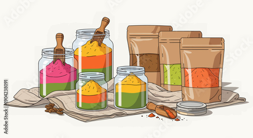 Assorted colorful spices in jars and bags on a cloth.