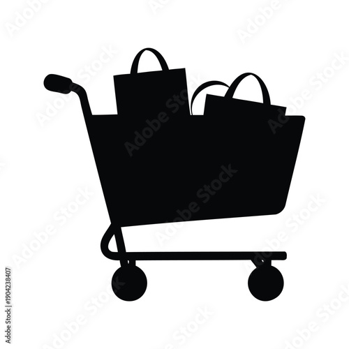 Shopping cart with bags silhouette vector illustration for ecommerce and retail business design, shopping cart with shopping bags silhouette vector illustration