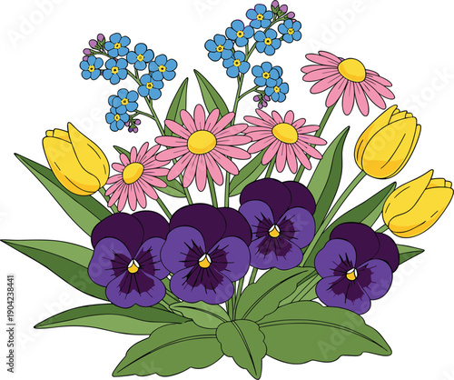 Spring Flower Bouquet Vector Illustration Featuring Pansies Tulips Daisies and Forget Me Not Flowers for Floral Decoration and Nature Design Projects