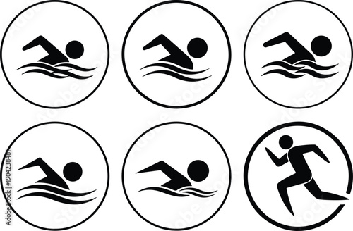 Sport icons: swimming and running figures.