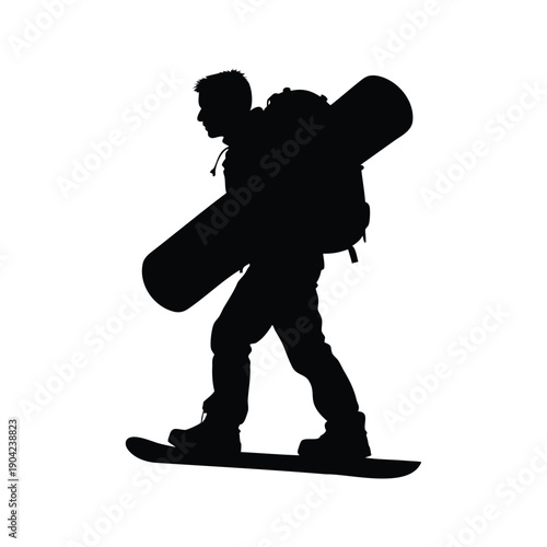 Adventurous hiker with snowboard silhouette vector illustration showcasing outdoor spirit, snowboarder with backpack silhouette vector illustration