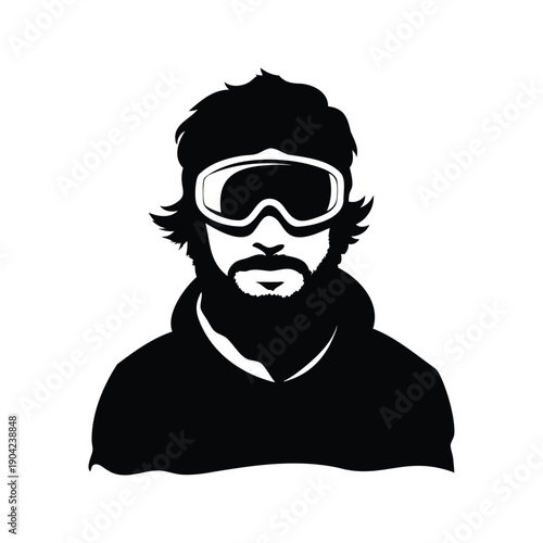 Adventurous skier with goggles and beard, ready for snow sports silhouette vector illustration, snowboarder with goggles silhouette vector illustration
