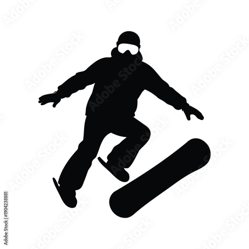 Dynamic silhouette vector illustration of a snowboarder performing an aerial trick, snowboarding elements silhouette vector illustration