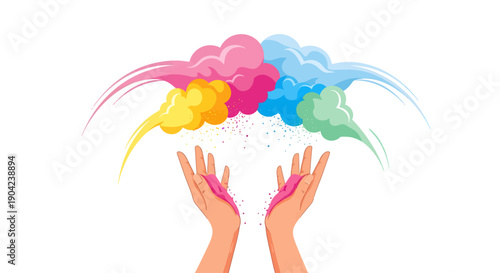 Hands releasing colorful powder clouds into the air.