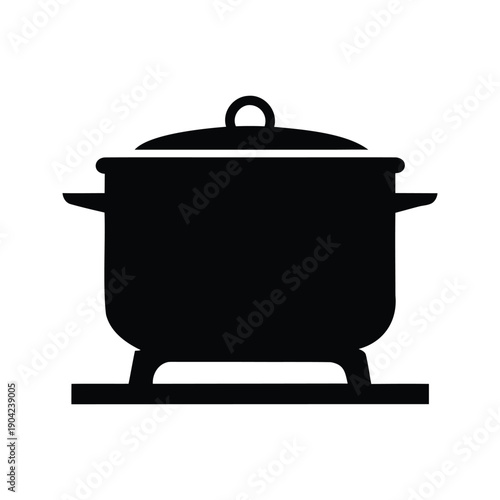 Cooking pot on a stove with lid, silhouette vector illustration design, stove with pot silhouette vector illustration