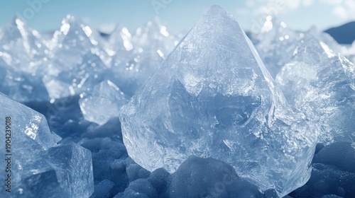 Intricate ice crystals formed naturally with sharp facets and delicate textures shimmering in cool blue light