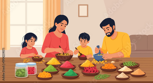 Family preparing traditional meal together at home.