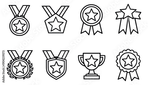 Hand drawn awards set featuring medals, ribbons, and a trophy for competition and excellence