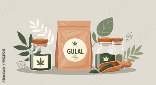 Cannabis products in jars and packaging with leaves.