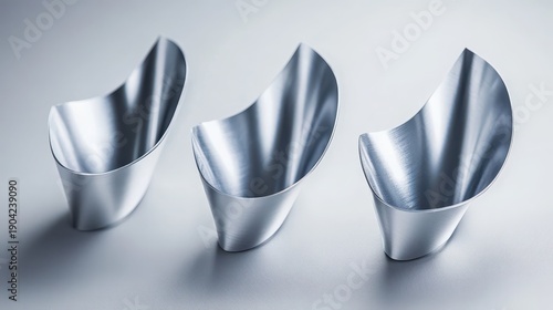 Intricately folded aluminum foil shapes with a shiny silver metallic texture and smooth surface arranged in a studio setting with soft light and shadows