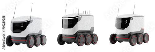 Photos Set of autonomous delivery robots isolated on white background, robotic food del